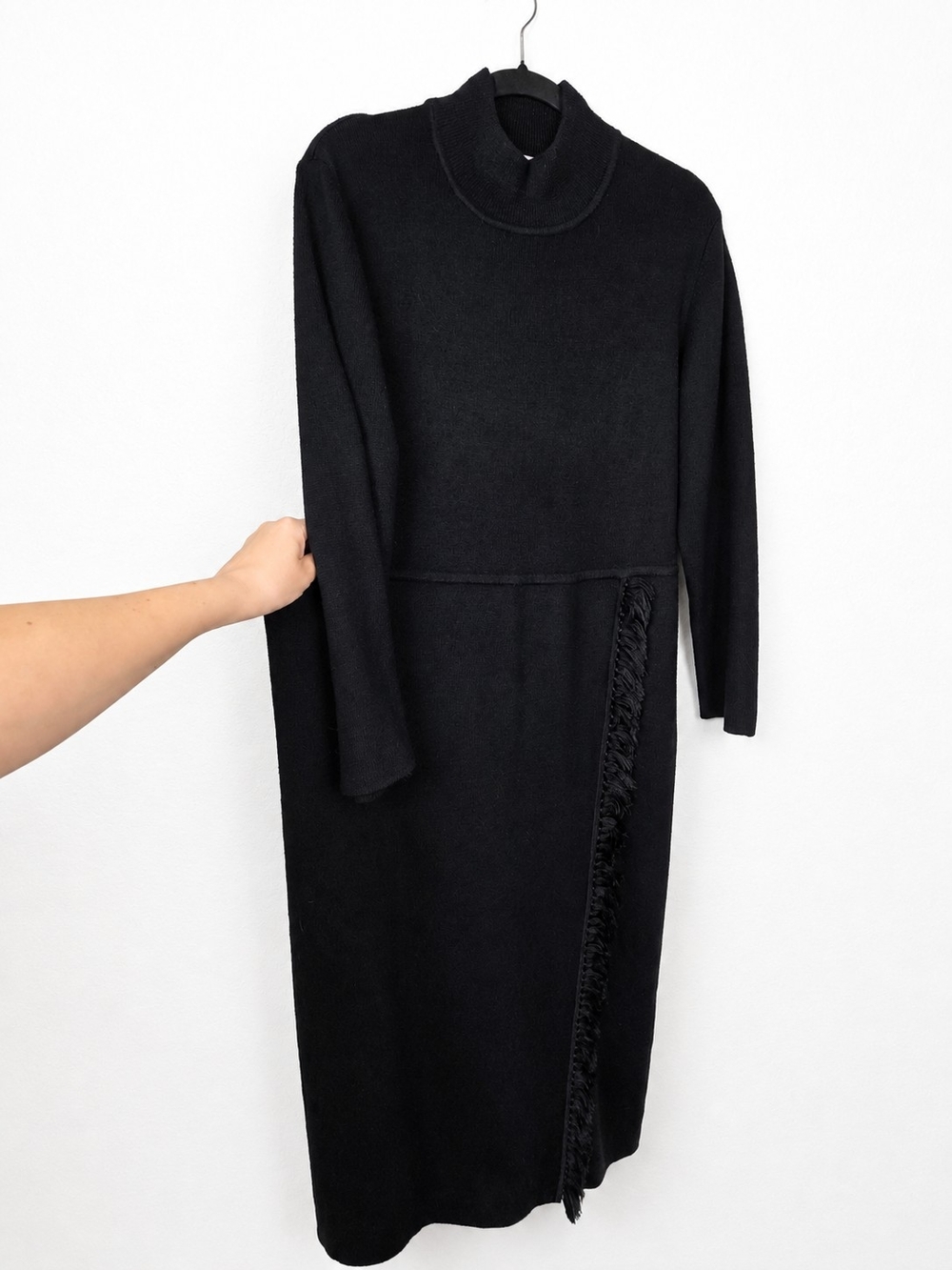 Vintage 90s Coldwater Creek Wool Blend Fringe Maxi Sweater Dress Modest Large